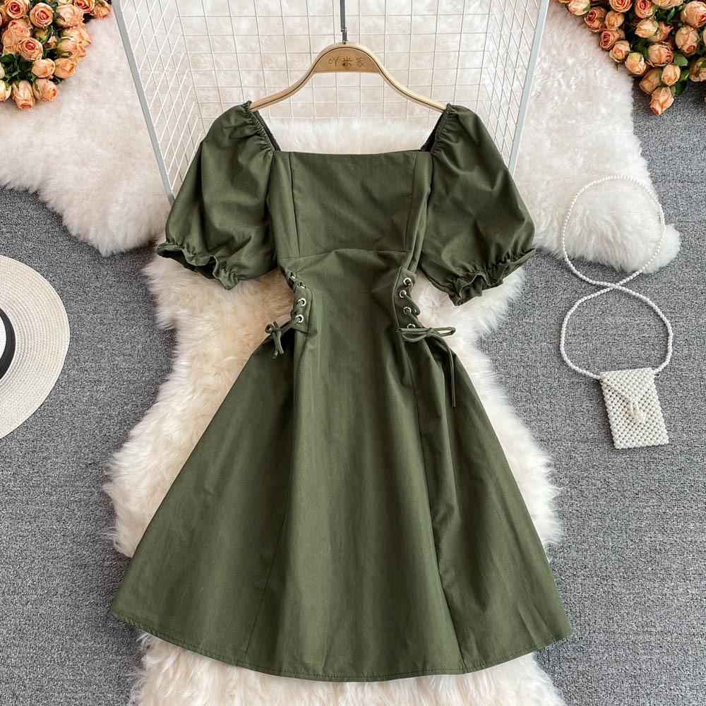 

YYFS Женская мода лето весна однотонный принт короткий рукав квадратный воротник высокая талия повседневные платья One Size армия зеленый