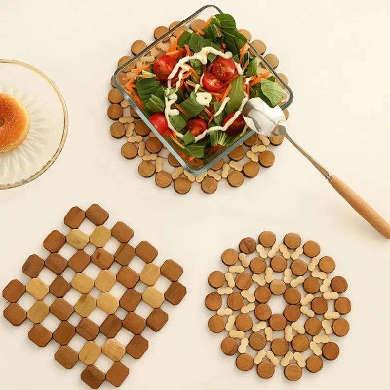 3PCS Bamboo Coaster Heat Insulation Pad Dining Plate Table Mat Hollow Bowl Mat Table Decoration Kitchen Accessories