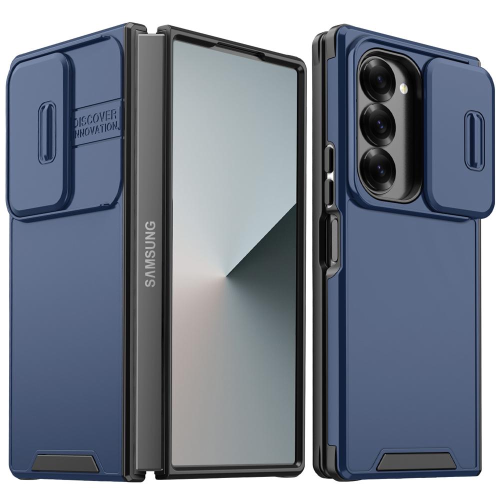 Luxe Telefoonhoes met Schuifcamera Bescherming voor Samsung Galaxy Z Fold 7 6 4 5 Fold6 Fold4 Fold5 ZFold6 5G Schokbestendige Pantser Cover Galaxy Z Fold5 marineblauwe kleur