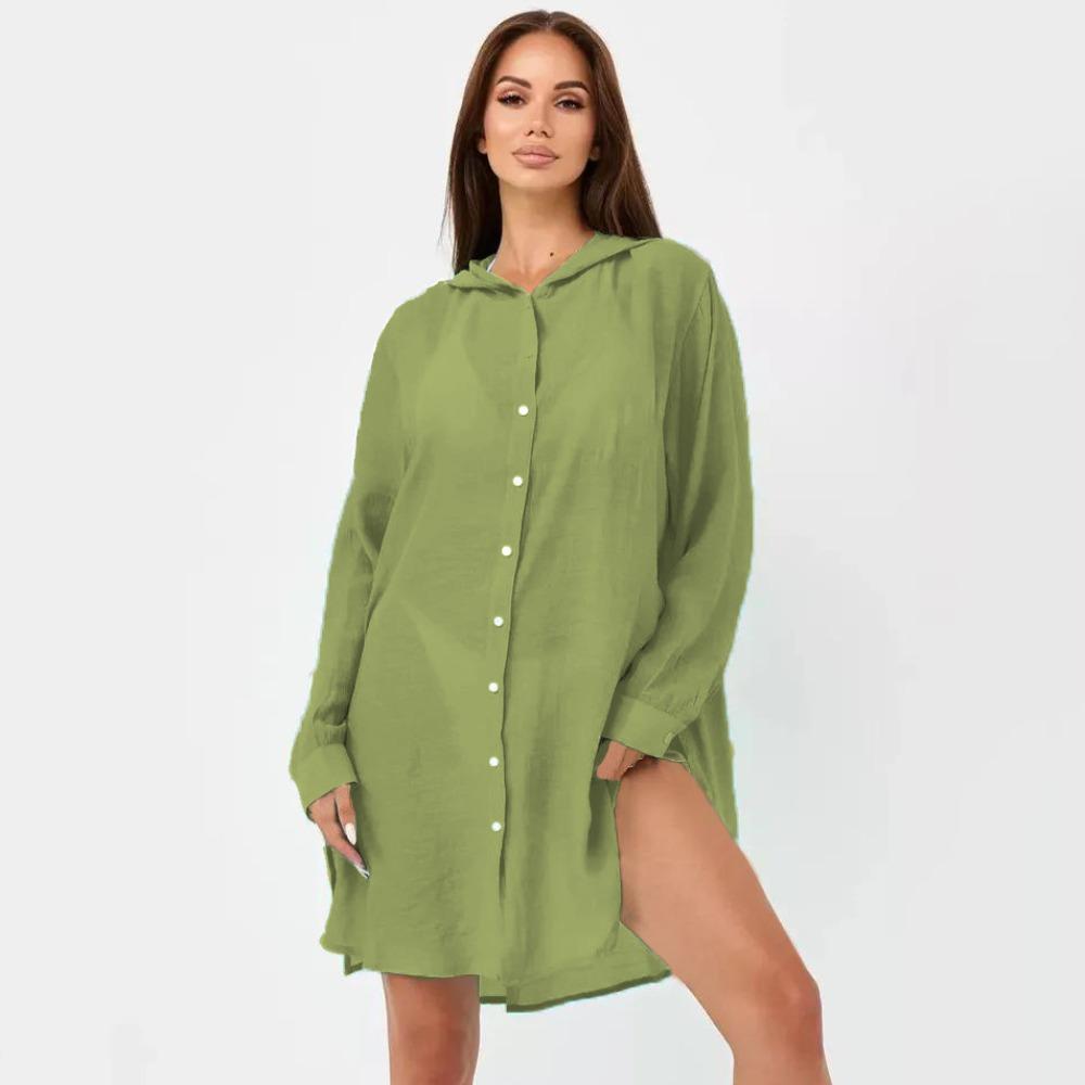 Solid Color Button Down Tunic Dress Long Sleeve Blouse Tops Beach Bikini Cover-up  Vacation Outfit