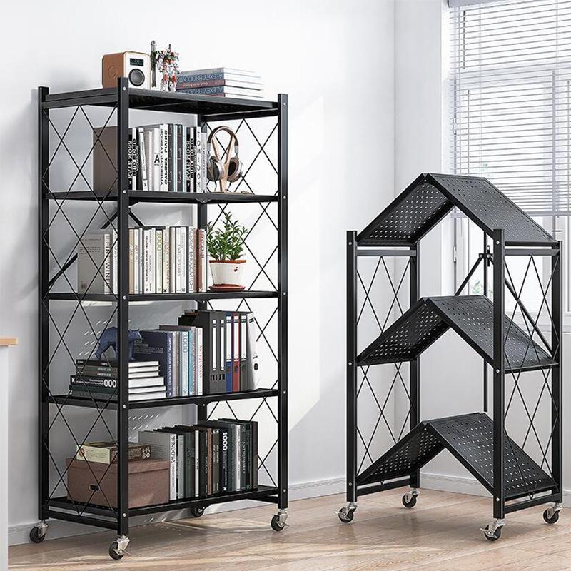 Kitchen Storage Rack Multi-layer Folding Storage Rack Portable Household Movable Wheeled Small Cart Bookshelf Oven Moving Shelve