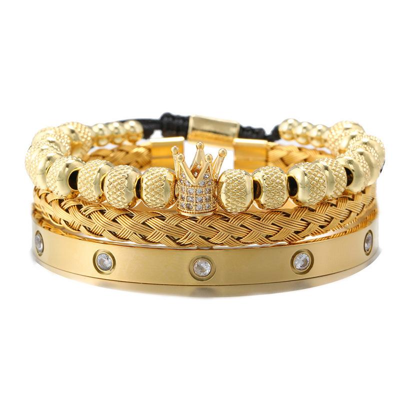 Diamond-encrusted stainless steel bracelet woven pineapple bead crown bracelet bracelet set C-shaped titanium steel open bracelet men