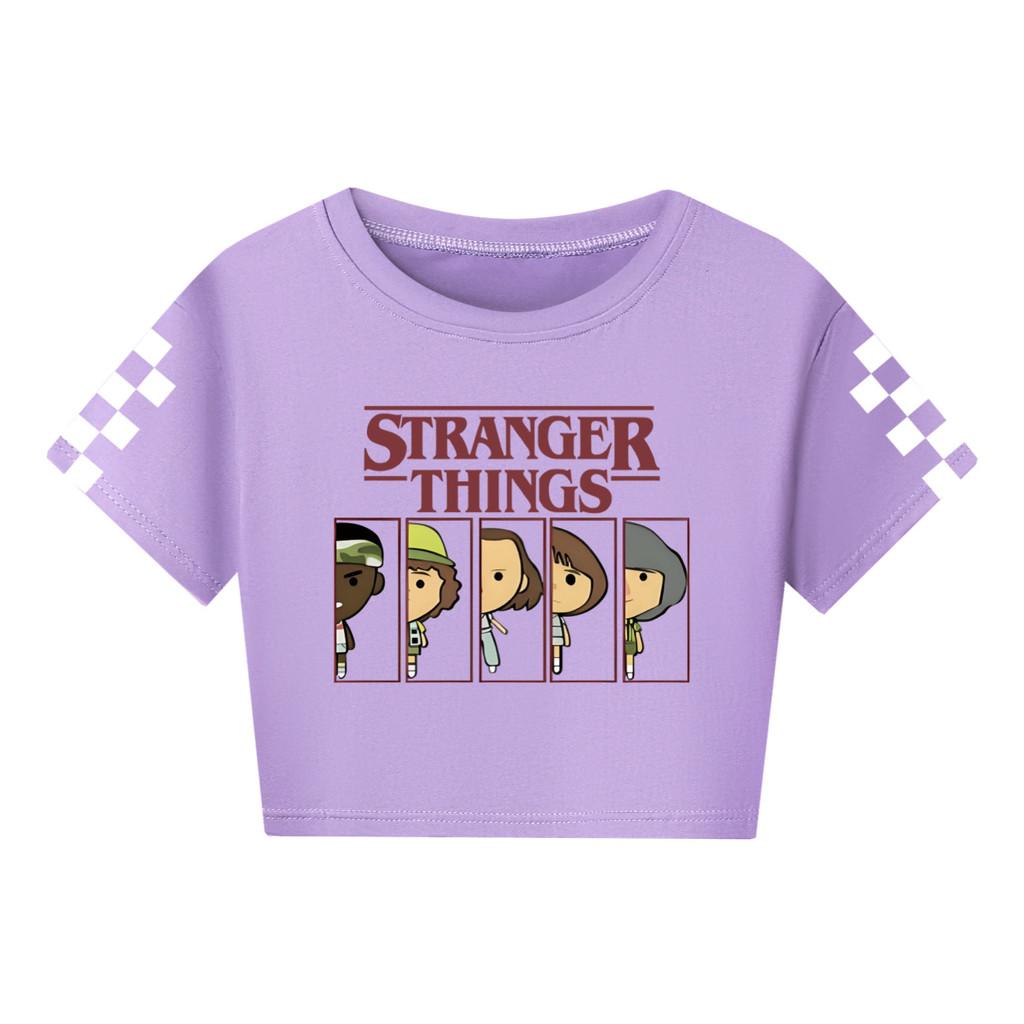 5248 Kids Girls Stranger Print Short Sleeves Short Styles Cotton T-Shirt