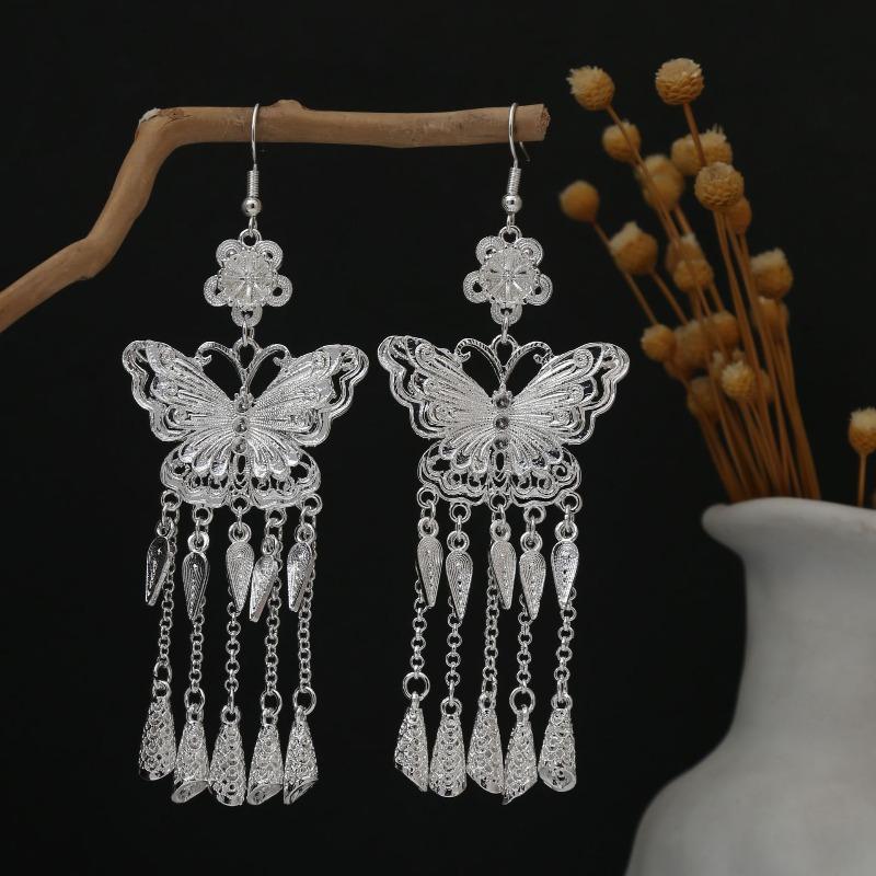 New Miao Long Tassel Minority Earrings, Light Luxury Miao Silver Exaggerated Fashion Temperament Earrings