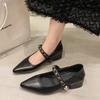 Fashion Autumn New Coarse Heel Shoes Women's Fashion Pointed Head Shallow Mouth Metal Line with Low Top Shoes