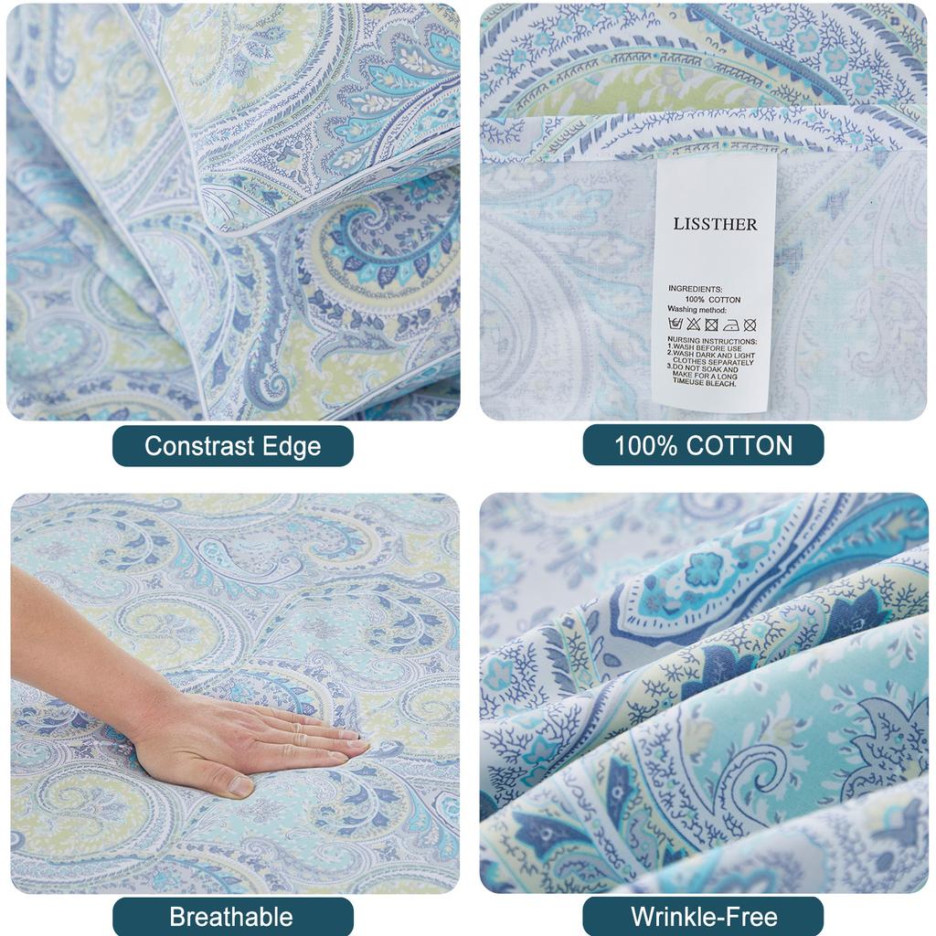 3pcs 600TC 100% Egyptian Cotton Duvet Cover Set, Vintage Blue Damask Paisley, Soft Skin-Friendly (No Inserts)