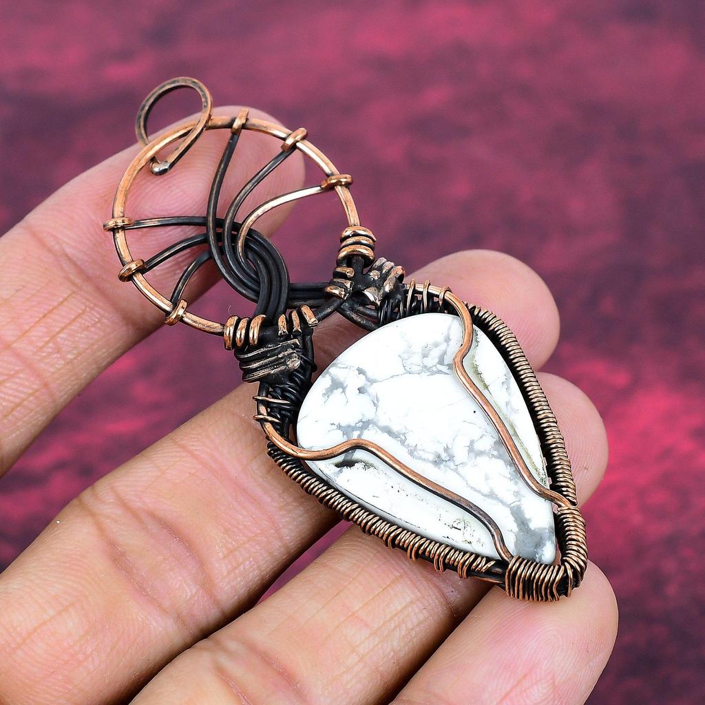 Howlite Gemstone Pendant Copper Wire Wrapped Handmade Pendant Designer Jewelry
