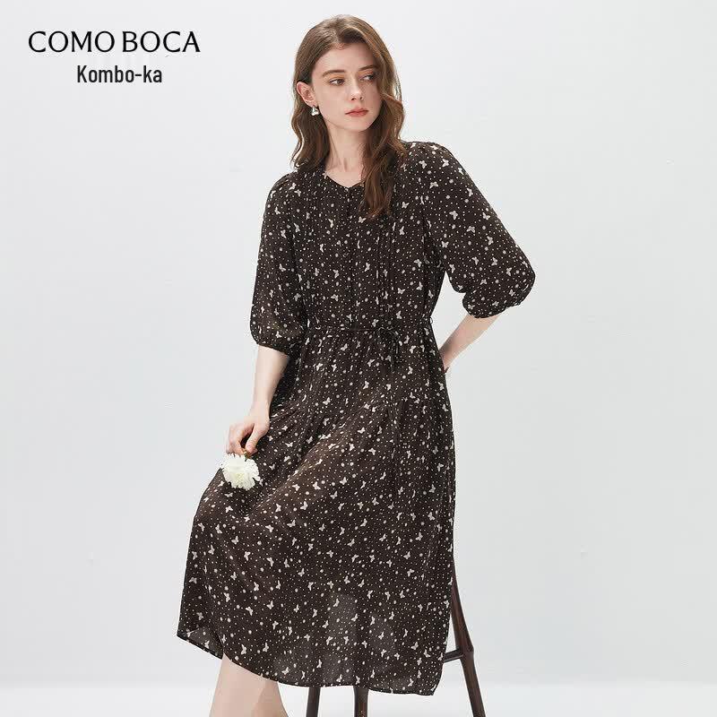 Komomboka 2026 S/S Silk Floral Tie-Waist Midi Dress XL