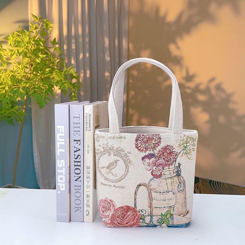1Pc Flower In A Bottle Double-sided Gold Silk Jacquard Embroidered Canvas Handbag Shoulder Bag Literature and Art Student Commute Bag Lightweight