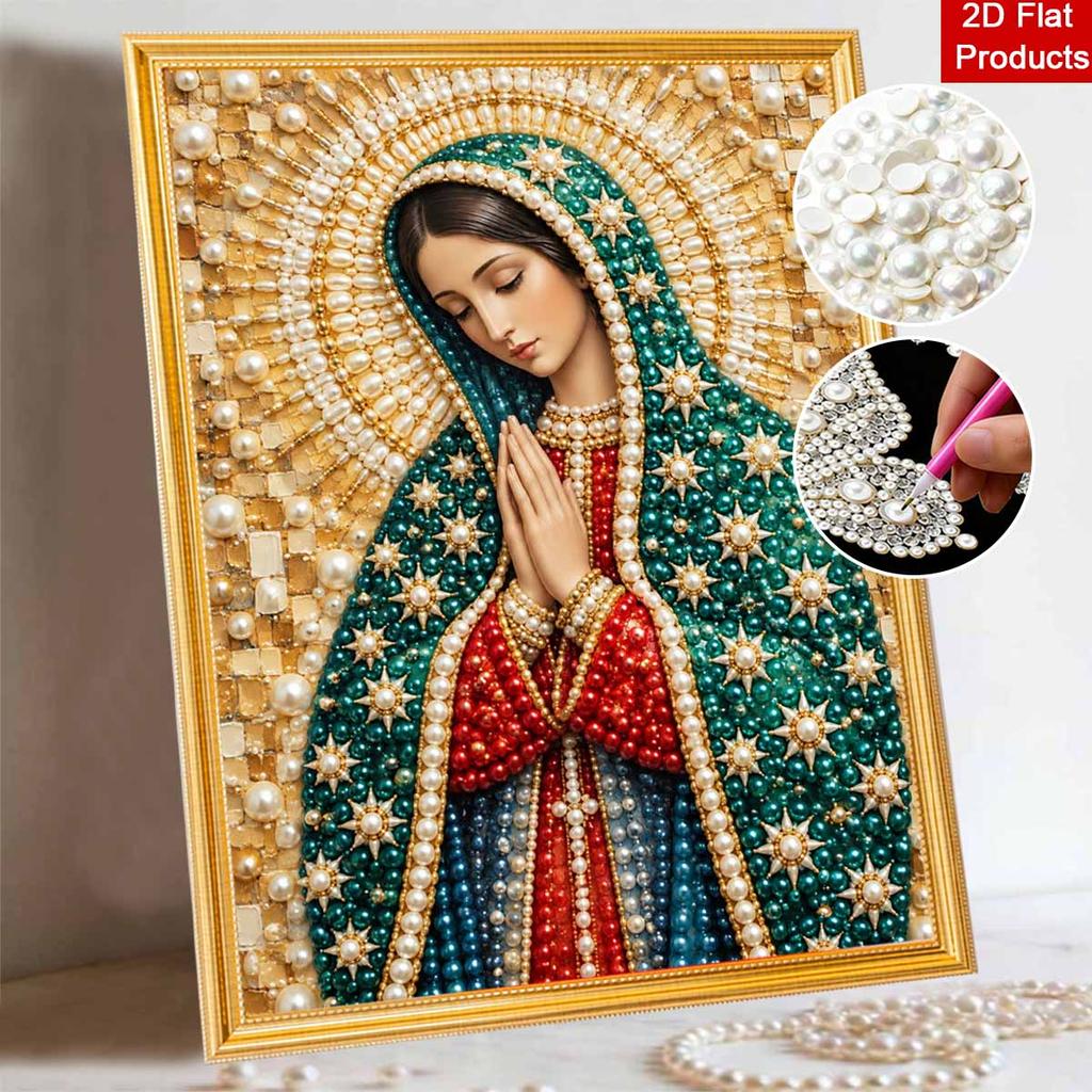 Virgin Mary Pearl Bead Painting with Frame Shiny Canvas Art Creative Handmade Craft Desk Decor Gift for Religious Art Collectors