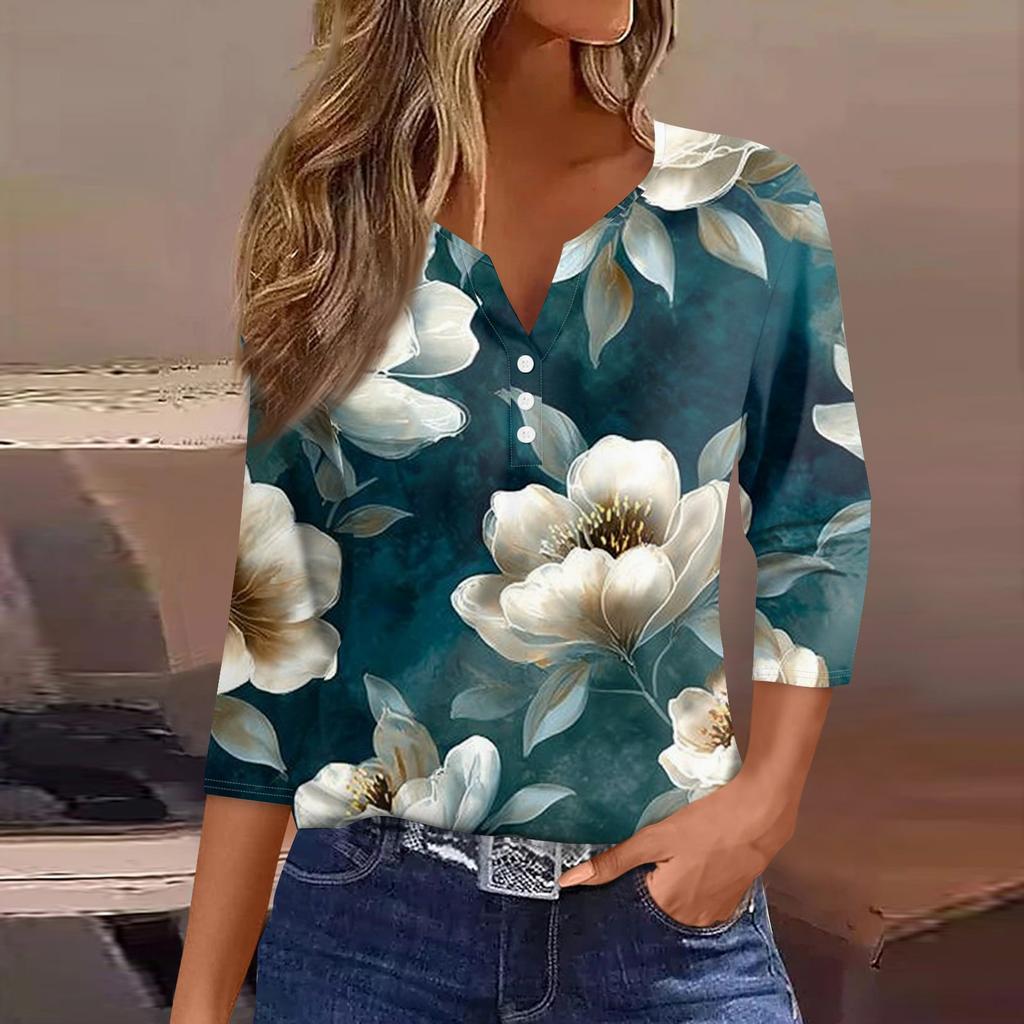 Damenmode Lässiges T-Shirt mit Blumendruck, V-Ausschnitt, dekorativen Knöpfen und Dreiviertelärmeln
