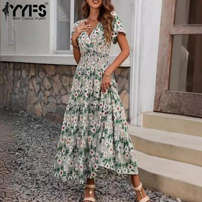 Damenmode Sommer Frühling Blumenmuster Druck Kurzarm V-Ausschnitt Hohe Taille Freizeitkleider