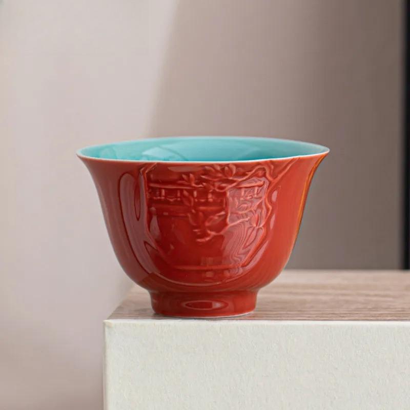 2pc/lot Palace Museum Red Carving Jade Orchid Teacup Traditional Tea Bowl Cute Cup Personal Cup Chazhan Master Cups Teaware 60ml