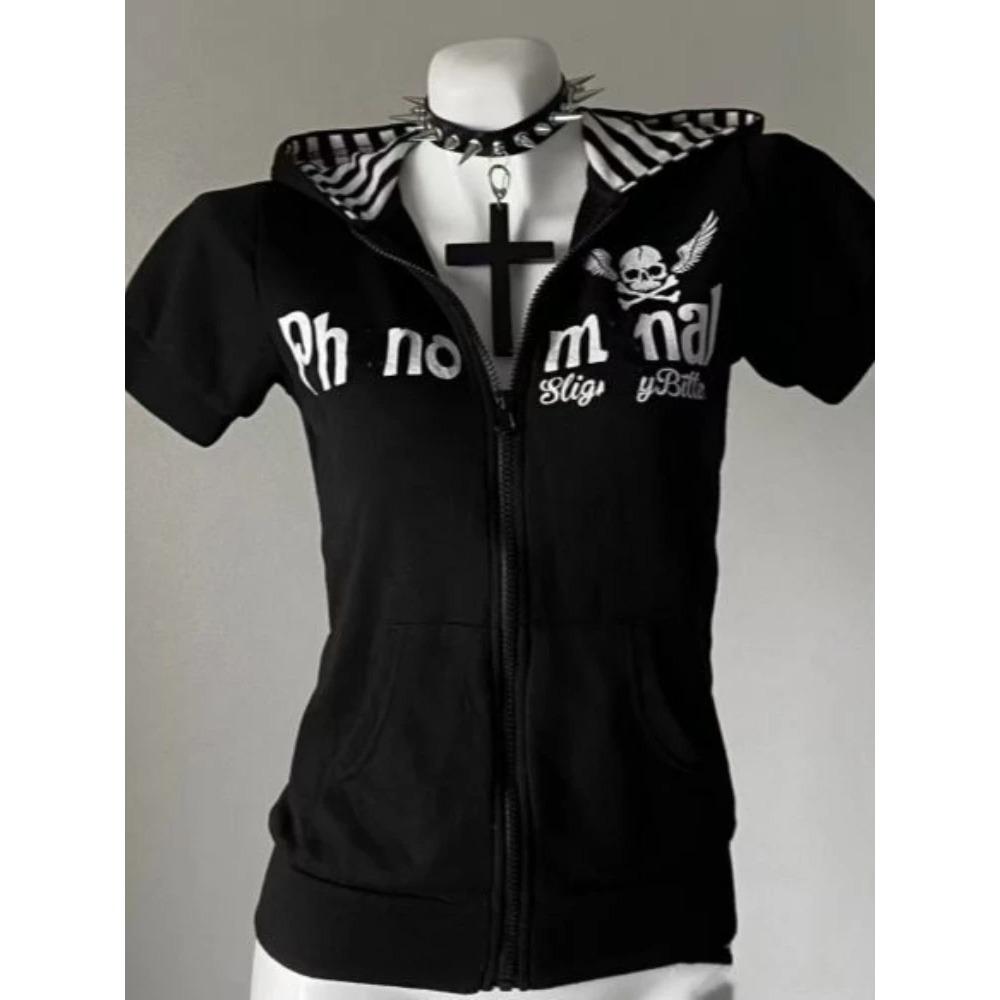 VAYLA Y2K Subculture Skull Print Zip Cardigan Short Sleeve Women Japan Slim Fit Striped Hoodie Casual Tops Fashion Streetwear Clothes
