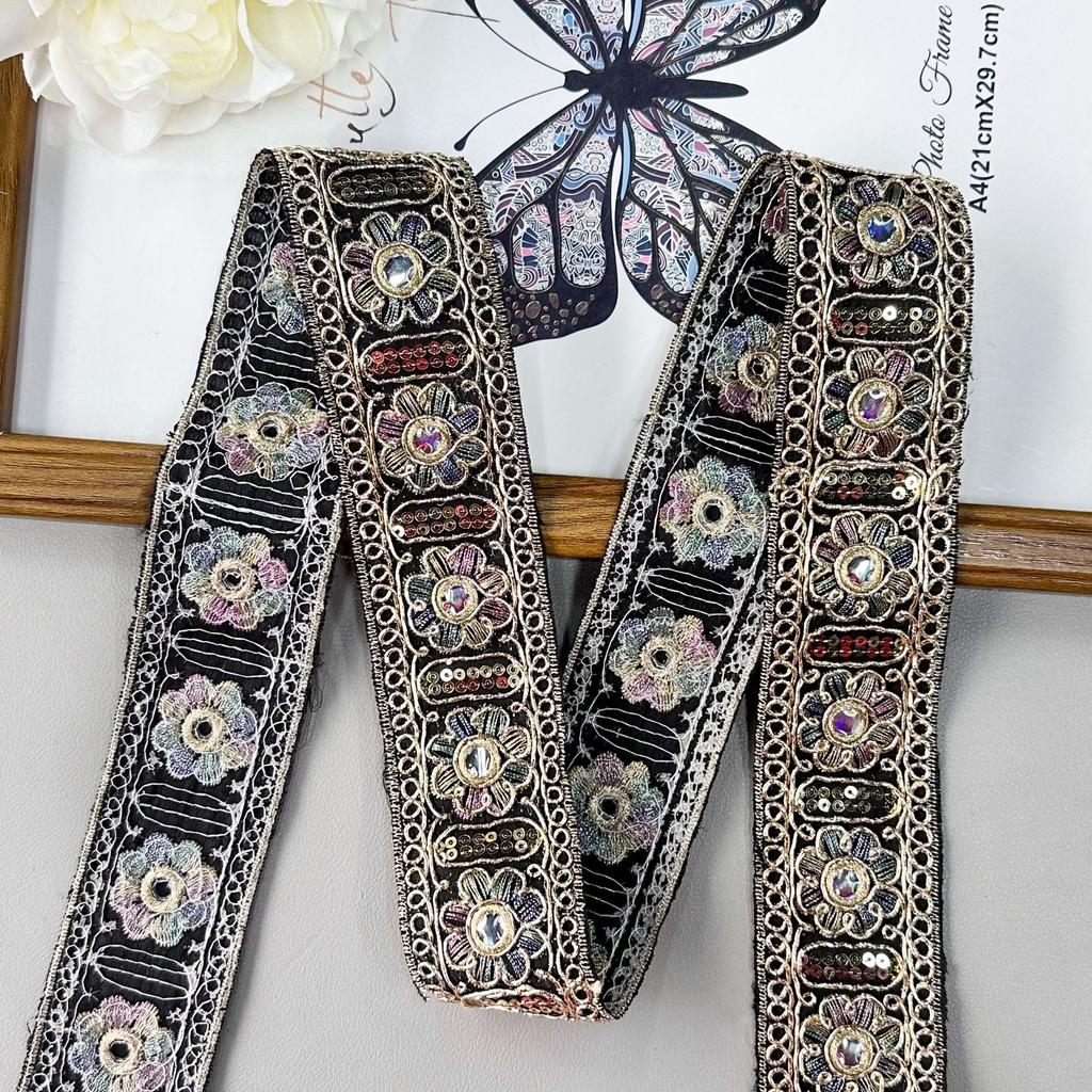 4.5Cm National Style Retro Embroidery Webbing Ancient Clothing Hanfu Western Regions Ethnic Style Barcode Gold Silk Rope Clothing Lace