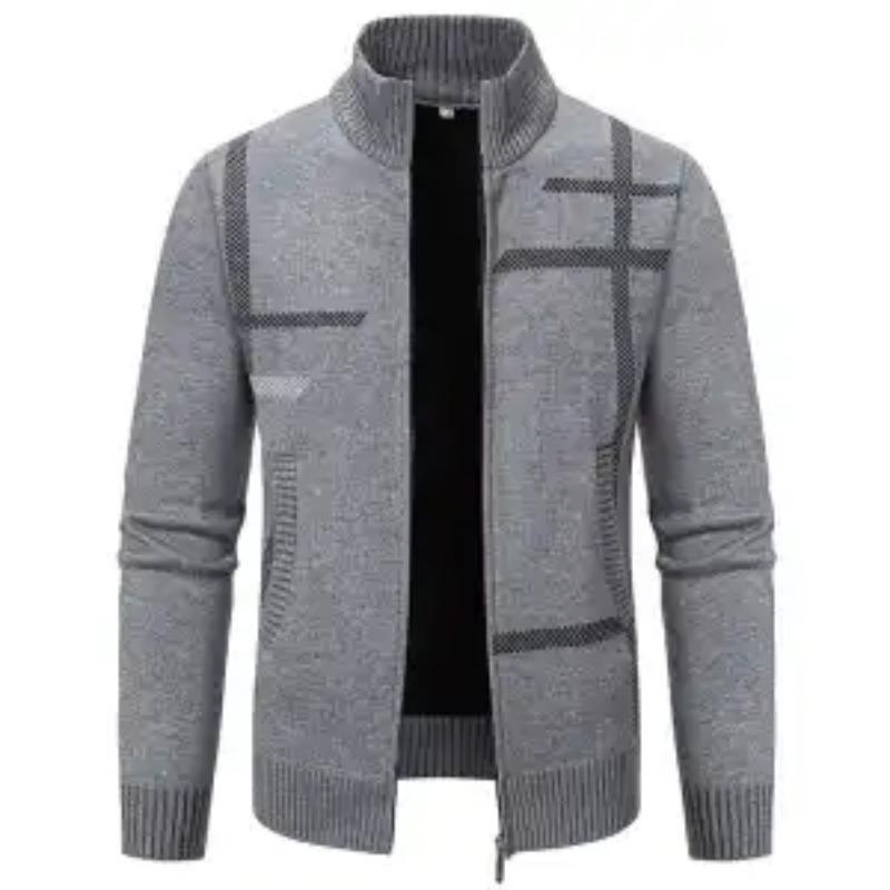 Men's Gray Knit Stand-Collar Zip-Up Cardigan Casual Warm Sweater Jacket