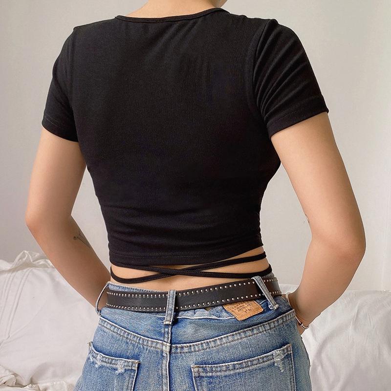 2021 Summer New Women's Short-sleeved Fashion Sexy Solid Color V-neck Short-sleeved Cross Straps Sexy V-neck Navel Slim Slimming T-shirt Casual Top