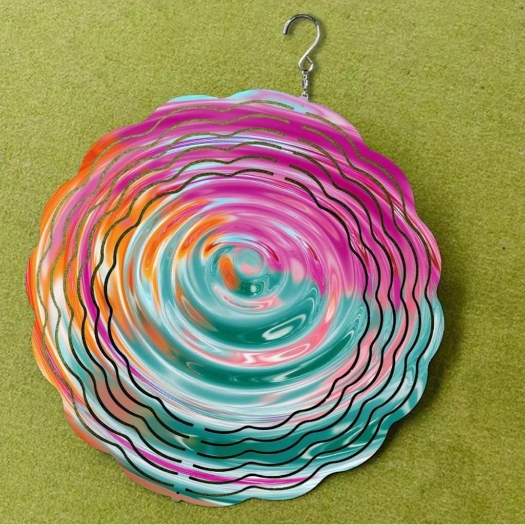 10-Inch Rotating Wind Spinner – Elegant Concentric Circles & Neon Spiral Design, 360° Swivel Hook for Balcony
