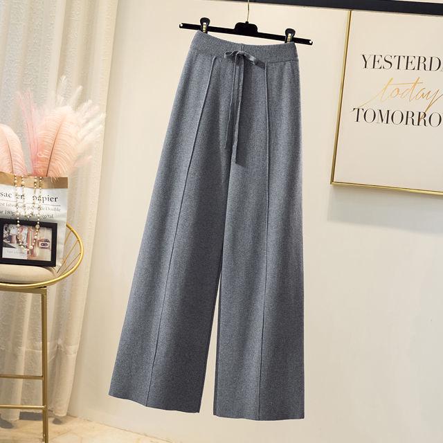 Women's Off-White Tie-Waist Knitted Wool Pants - High Waist, Wide Leg, Floor-Length, Autumn/Winter Style