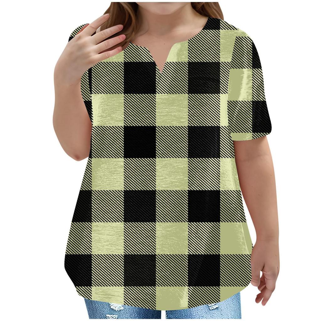 Children's Plus-size T-shirt Casual Fashion Plaid V-neck Short-sleeved Pocket Top