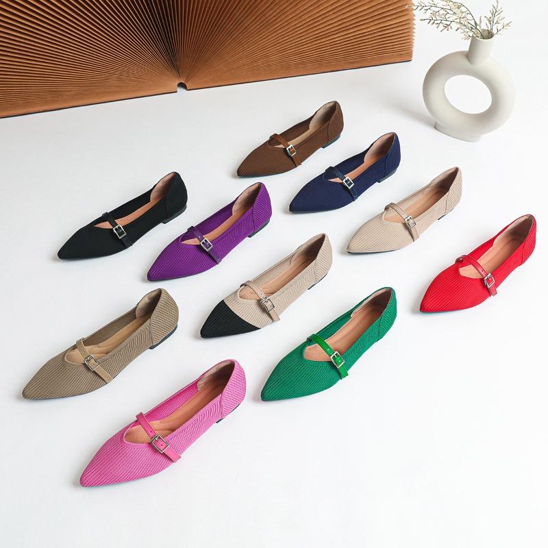 Women Mary Jane Shoes Pointed Toe 2026 Spring Shallow Cross Strap Women Dress Shoes Breathable Knitted Mid-heel Shoes Ladies