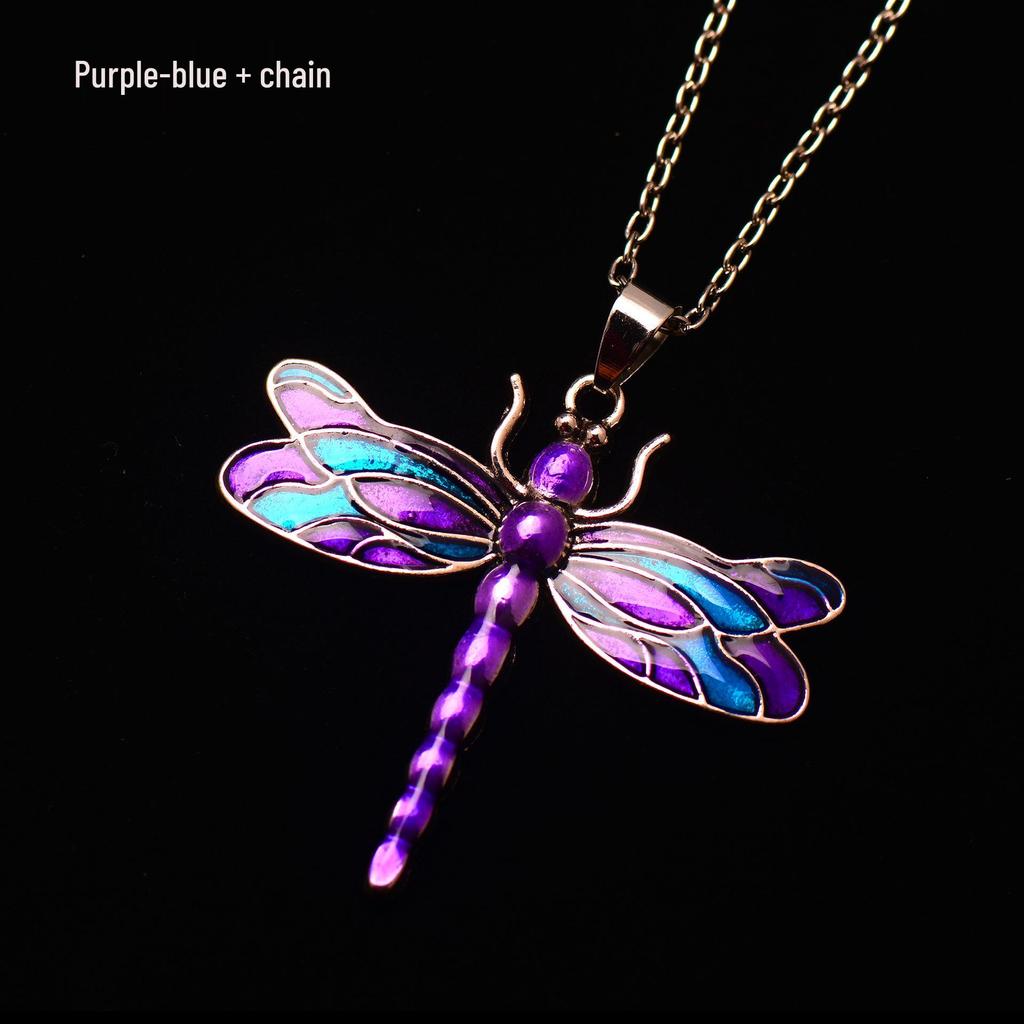Silver Dragonfly Necklace with Luminous Butterfly - Retro Forest-Inspired