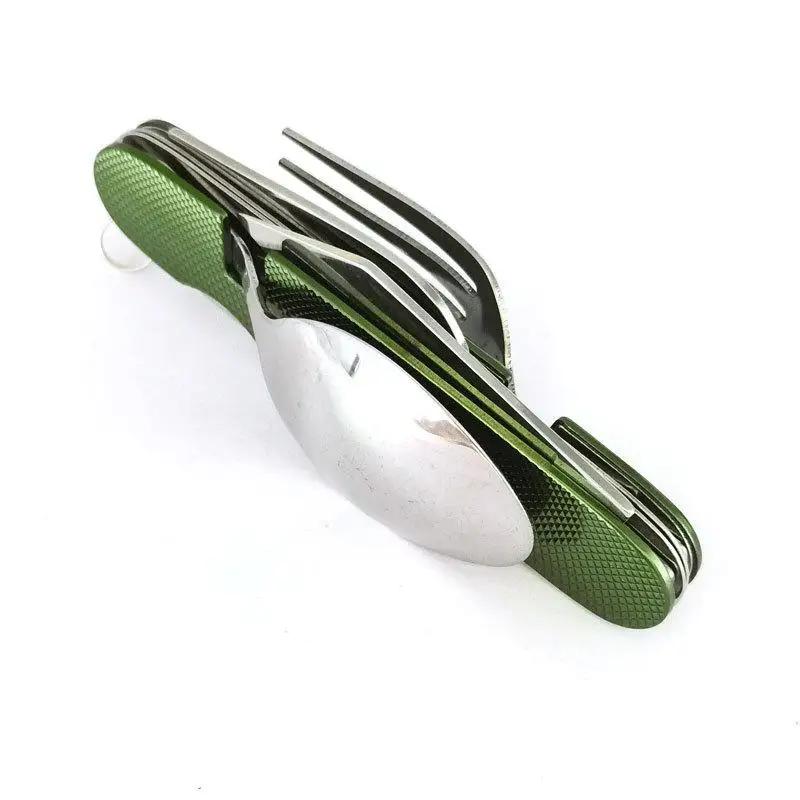 Foldable Camping Tableware Knife Spoon Fork 4-In-1 Tablespoon Stainless Steel Bottle Opener Outdoor Camping Knife Folding Knife