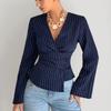 Women S Fashion Striped V Neck Long Sleeve Casual Shirt
