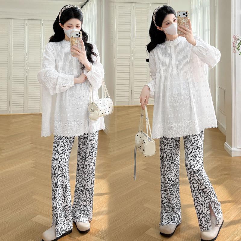Spring 2026 Maternity Lace Embroidery Set: Stand Collar Top & Pants M [90-115 lbs]