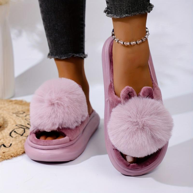 2025 Nya Höst & Vinter Enkel Boll Kaninöron Design Varma Tofflor för Män & Kvinnor - Par Hemskor med Tjock Sula & Halvt Stängd Bakkappa
