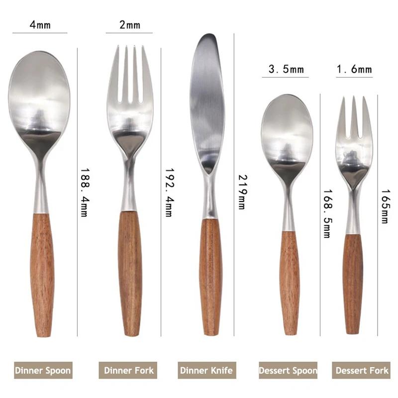 Super Qualité 1/5 Pcs Ensemble de Couverts Occidentaux en Acier Inoxydable 304 Manche en Bois Fourchette de Dîner Couteau Couverts Mat Vaisselle Couverts de Table