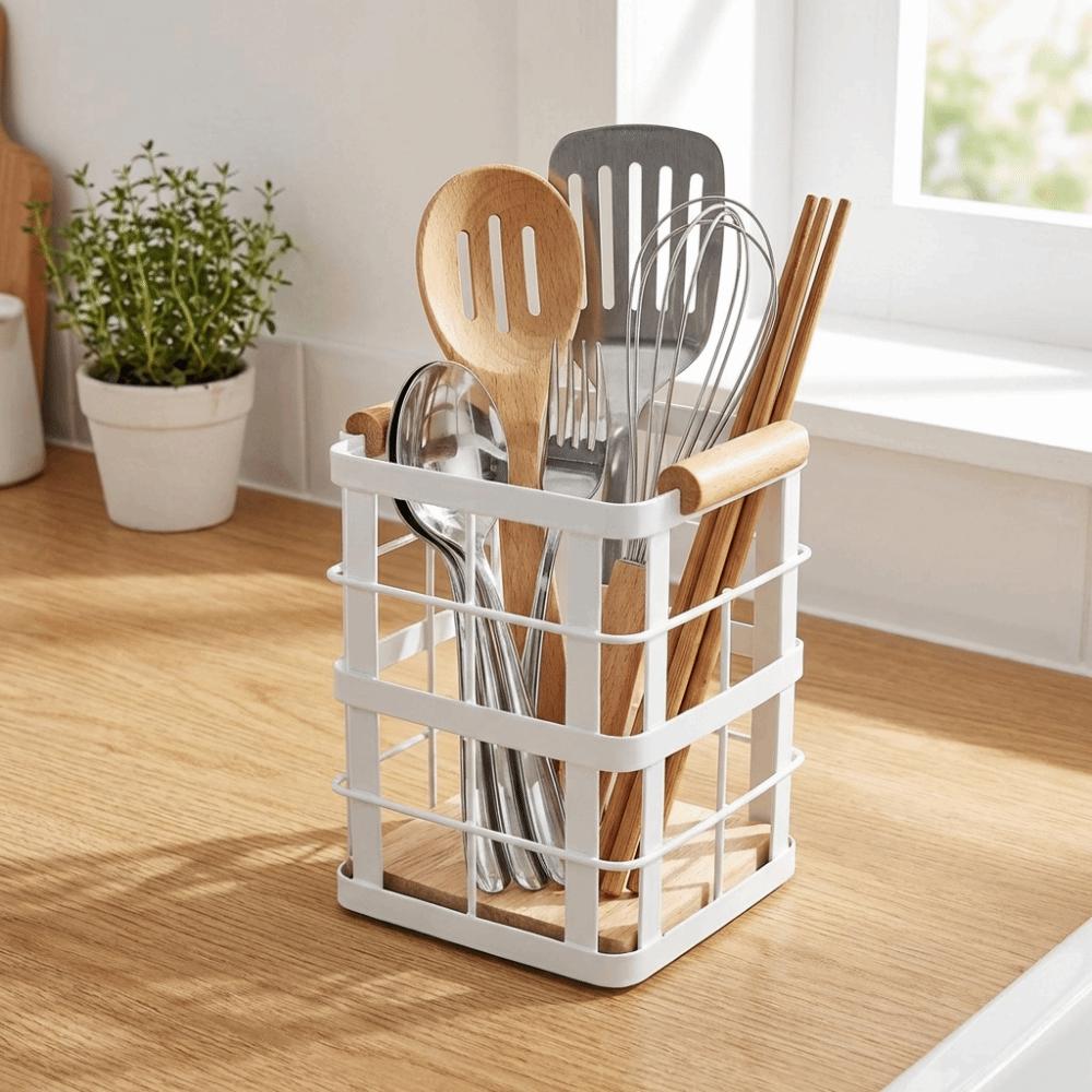 Square Iron Kitchen Storage Basket Wooden Base Hollow Chopstick Spoon Storage Box Anti-slip Decorative Dinnerware Storage Tube
