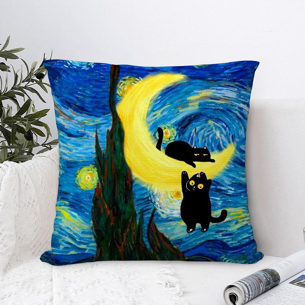 Van Gogh Starry Sky Cat Pillow Case Sofa Decorative Home Double-sided Print Plush Square Throw Pillow Covers Cushion Decor Cover