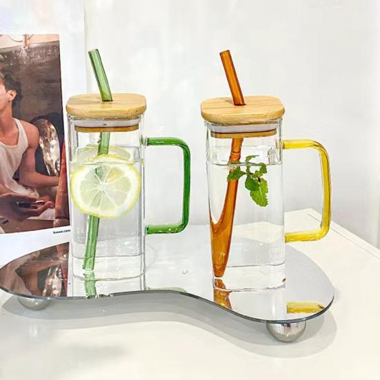 Square Glass Tumbler with Handle And Lid 380ml Transparent Coffee Cup Portable Tea Milk Jar for Hot Cold Drinks