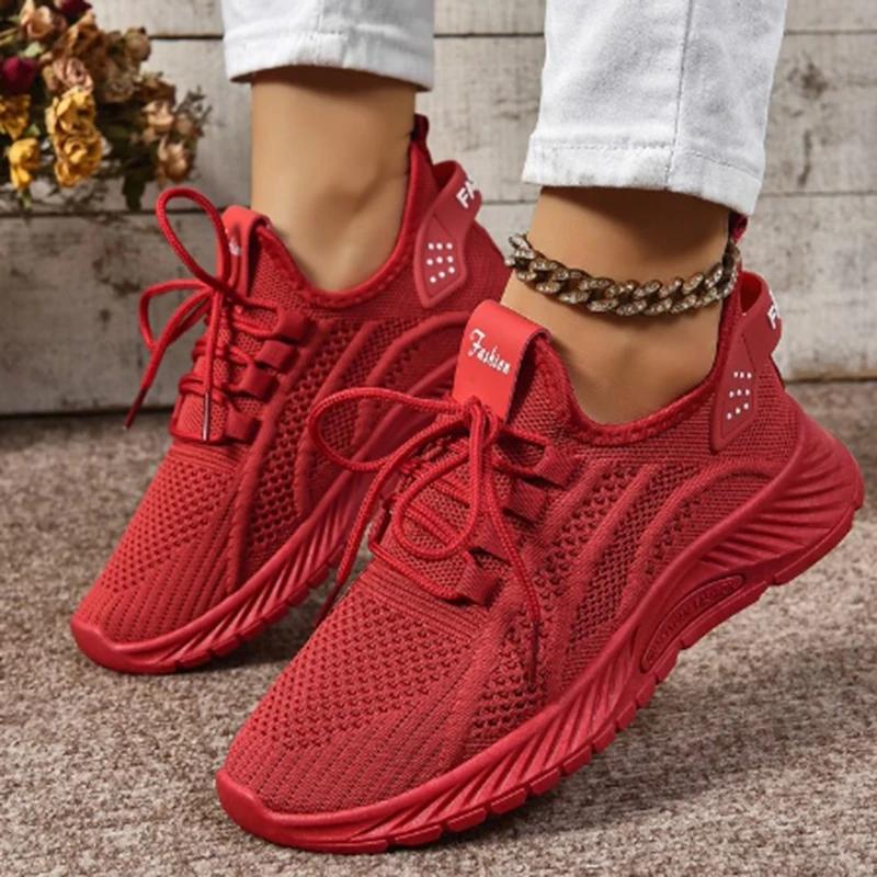 

Lucyever дышащие сетчатые спортивные кроссовки женские 2025 осень мода шнуровка теннисные туфли женские нескользящие кроссовки на платформе 43 38 красный