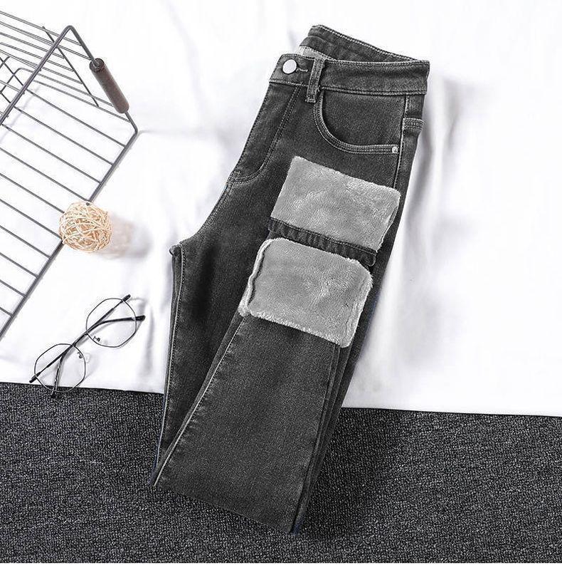 Damen Jeans 2025 Samtgefüttert Elastisch Slim Fit Koreanischer Stil Winterwarm
