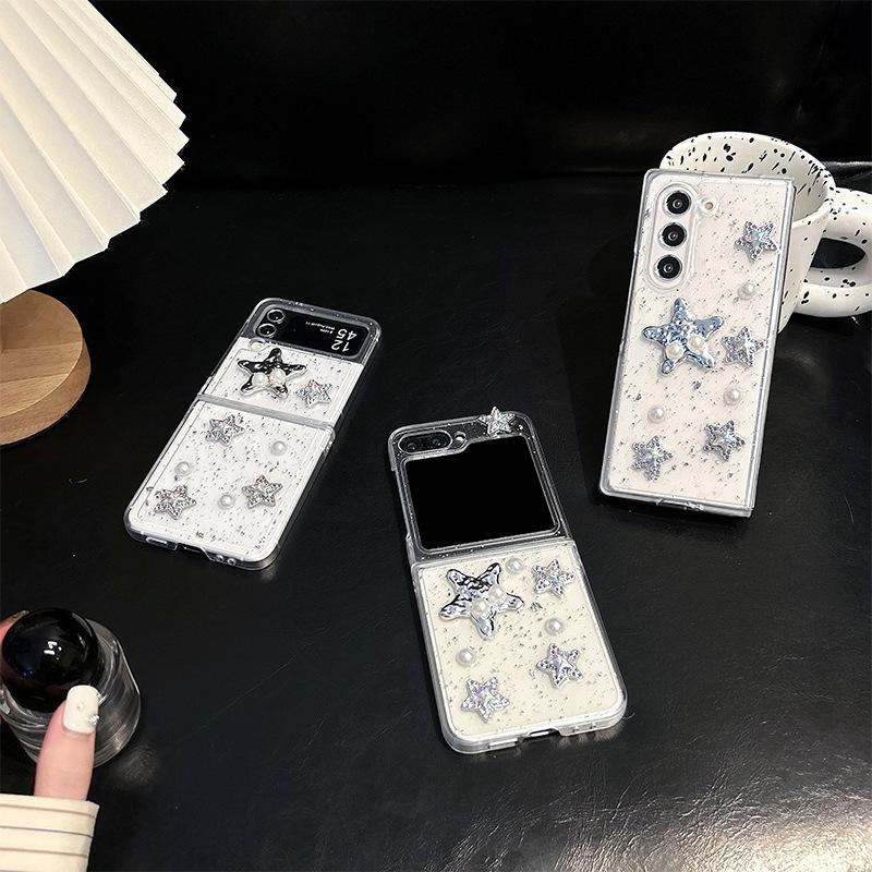 For Samsung Zflip6 Clamshell Folding Screen Zfold5 Transparent Female New Hard Shell Glitter Pearl Five-pointed Star