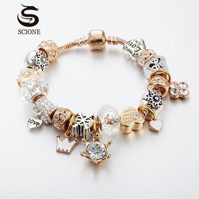 Bracciale con perline di cristallo Bracciale con ciondolo fiocco di neve con corona d'amore