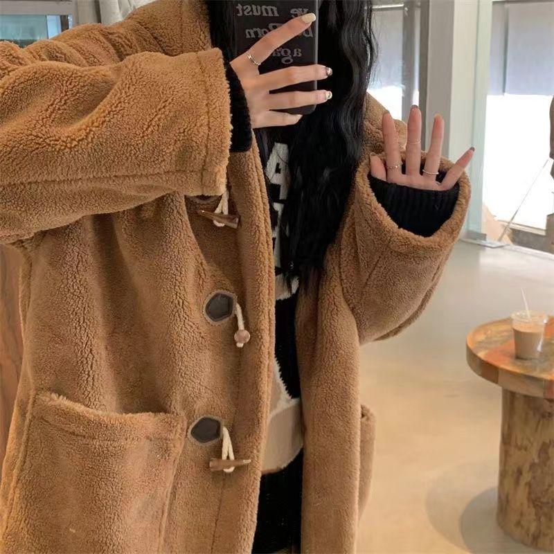 Horn Button Women's Lamb Wool Long Coat - College Style, Warm & Slim, Hooded, for Autumn/Winter 2023