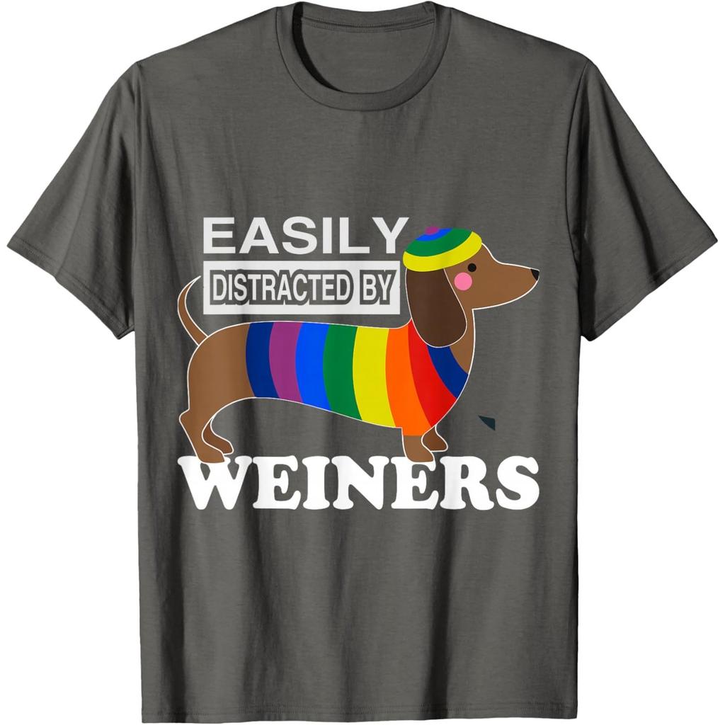 Easily Distracted By Weiners Dachshund Rainbow Print Graphic Tee Casual Cotton T-Shirt
