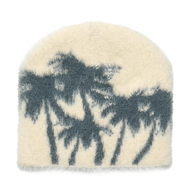Autumn and winter thermal hat women's outdoor plush beanie hat brimless cap coconut tree jacquard wool hat imitation mink hair