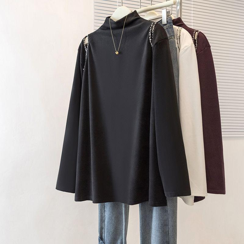 Top de Veludo com Strass de Gola Alta Dupla Face Plus Size para Mulheres - Emagrecedor, Camada Base Quente para Outono/Inverno.