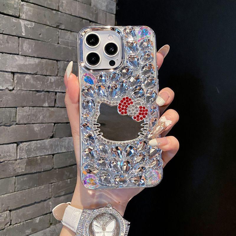 Full diamond mirror, suitable for Samsung A15 mobile phone case S24 luxury makeup mirror S25Edge premium ins women's models