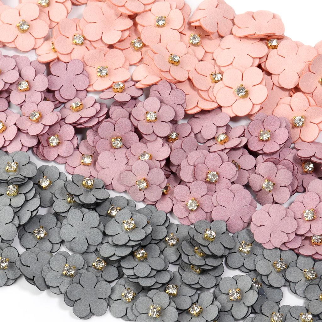 20Pcs Imitation Leather Flower with Diamond Colorful Fabric Flowers for Headdress Clothing Patches Hairpin Brooch Accessories