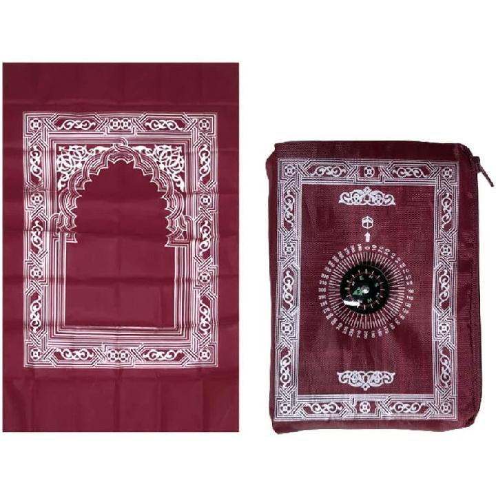 1 Piece Muslim Prayer Rug, Polyester, Portable Travel Prayer Mat with Compass, Red, 60CMx100CM