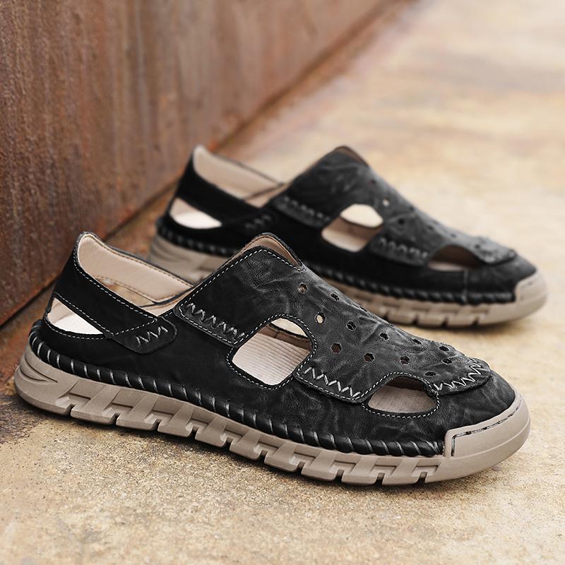 

Мужские кожаные сандалии, прочные, сшитые вручную, с закрытым носком, нескользящие, для использования в помещении, на открытом воздухе, на пляже 48