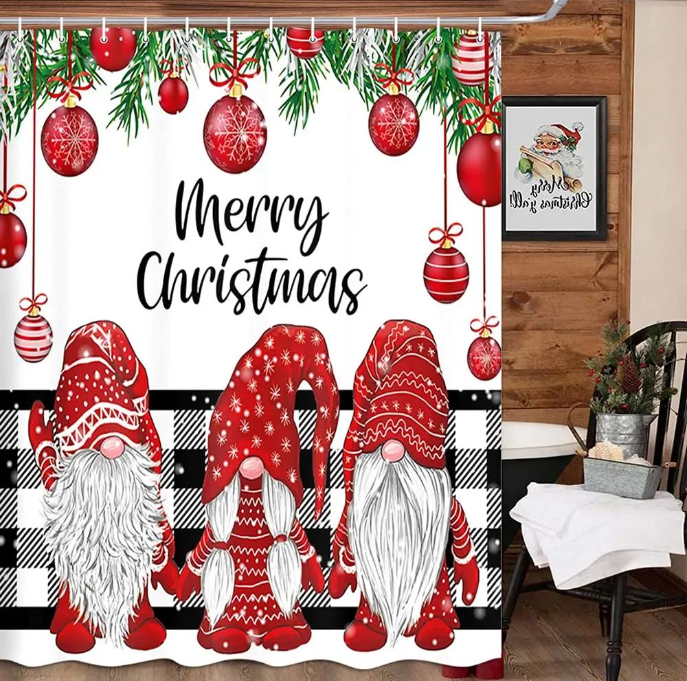 Christmas Gnomes Shower Curtain Set,Cute Winter Xmas Holiday Tree Buffalo Check Plaid Shower Curtains For Bathroom Decor,Hooks