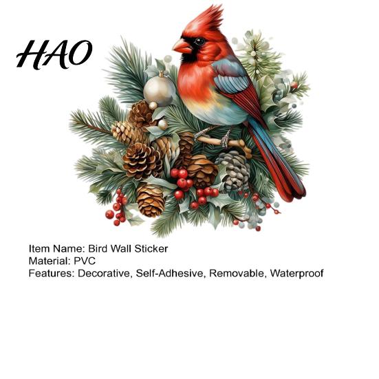Festive Indoor Outdoor Glass Decals Christmas Bird Wall Sticker, Decorative PVC Decal with Pine Branch Cone And Winter Red Berry, Waterproof