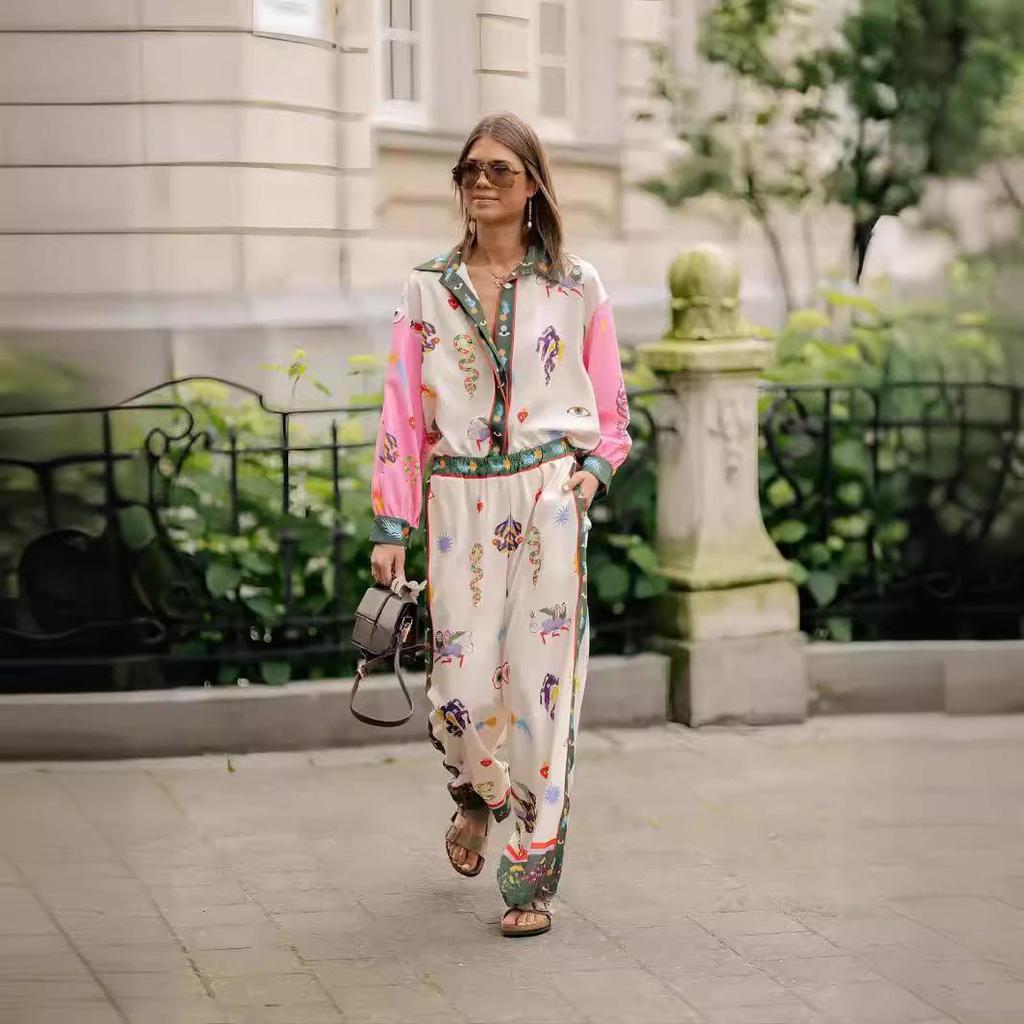 Women's Fashion Linen Personality Printed Macaron Color Long-sleeved Shirt Suit