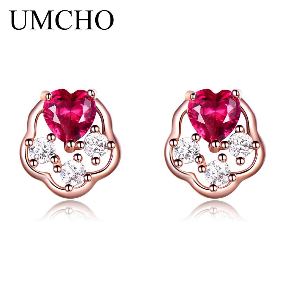 

UMCHO Heart Stud Earrings for Women Created Ruby Gemstone Earrings Romantic Jewelry Cute Gift розового золота